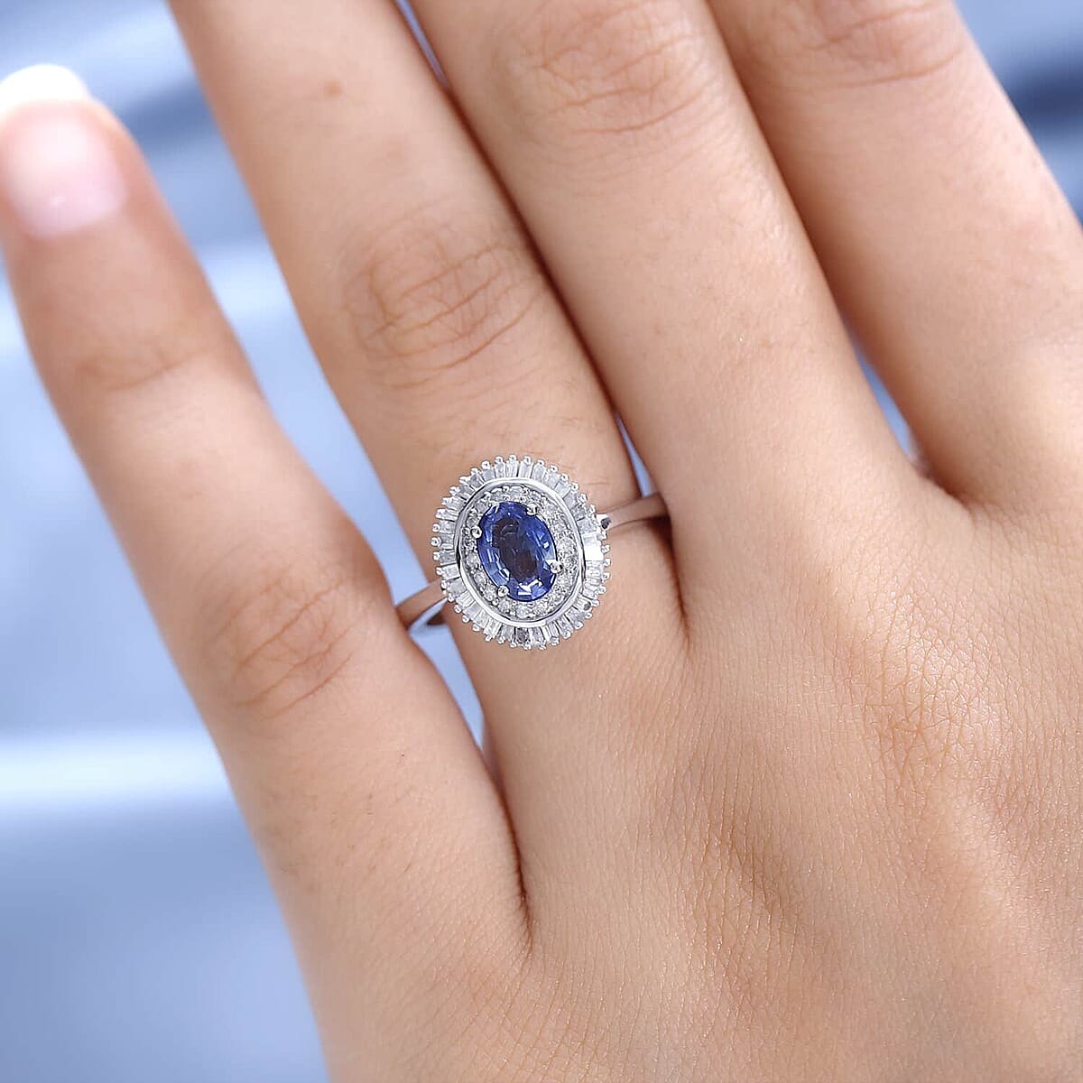 Luxoro 10K White Gold Premium Ceylon Blue Sapphire and Diamond Double Halo Ring (Size 5.5) 1.35 ctw image number 2