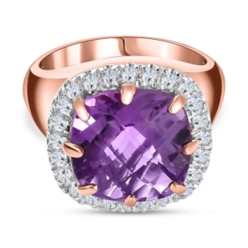 AAA Rose De France Amethyst and White Zircon 7.12 ctw Ring in Vermeil Rose Gold Over Sterling Silver (Size 11.5) (6.69 g)