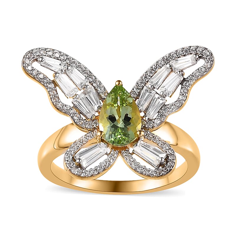 GP Trionfo Collection Natural Calabar Green Tourmaline and White Zircon Butterfly Ring in Vermeil Yellow Gold Over Sterling Silver (Size 7.0) 2.50 ctw