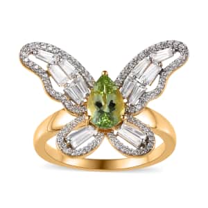GP Trionfo Collection Natural Calabar Green Tourmaline and White Zircon Butterfly Ring in Vermeil Yellow Gold Over Sterling Silver (Size 7.0) 2.50 ctw