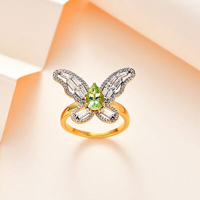 GP Trionfo Collection Natural Calabar Green Tourmaline and White Zircon Butterfly Ring in Vermeil Yellow Gold Over Sterling Silver (Size 7.0) 2.50 ctw