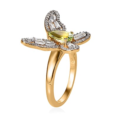 GP Trionfo Collection Natural Calabar Green Tourmaline and White Zircon Butterfly Ring in Vermeil Yellow Gold Over Sterling Silver (Size 7.0) 2.50 ctw