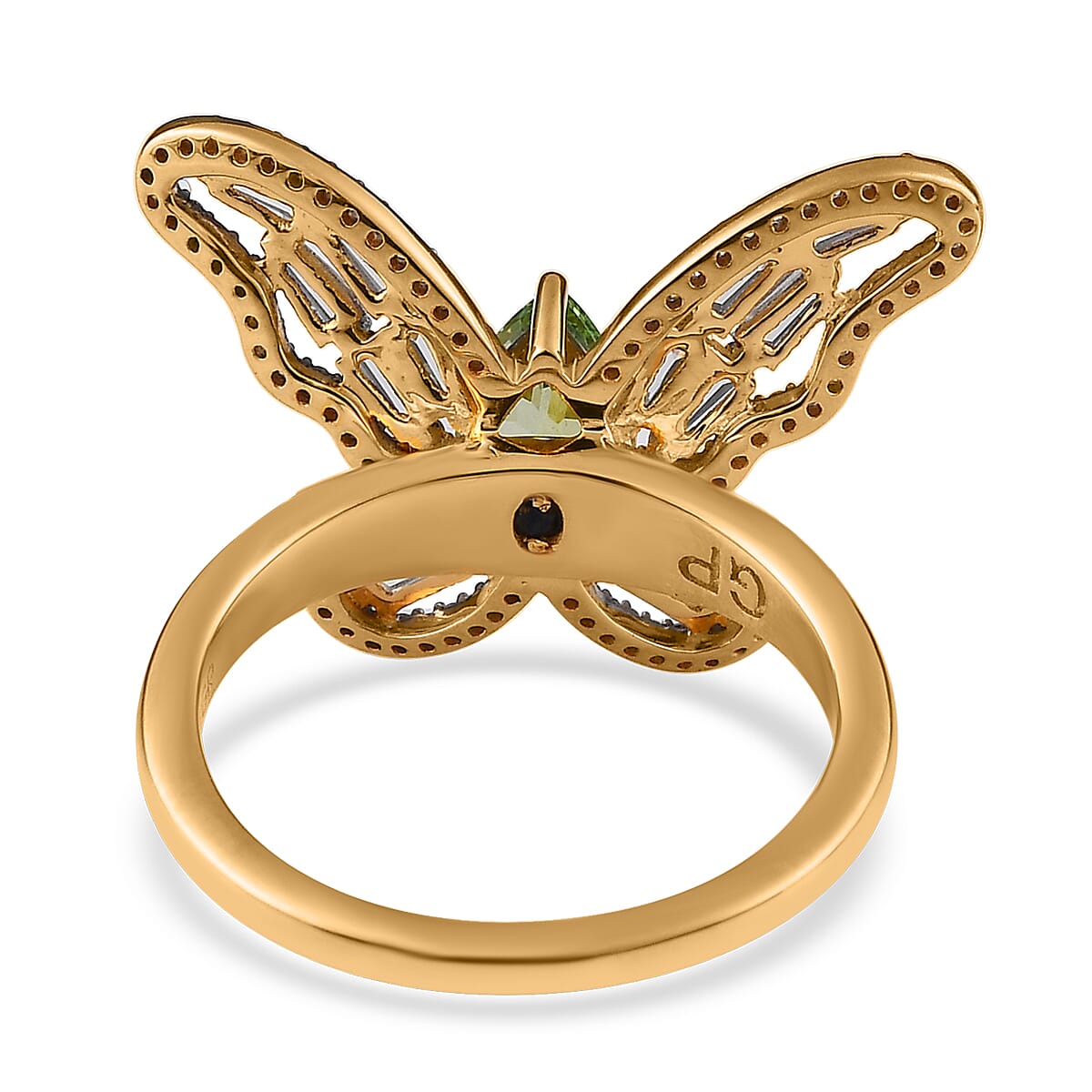 GP Trionfo Collection Natural Calabar Green Tourmaline and White Zircon Butterfly Ring in Vermeil Yellow Gold Over Sterling Silver (Size 7.0) 2.50 ctw