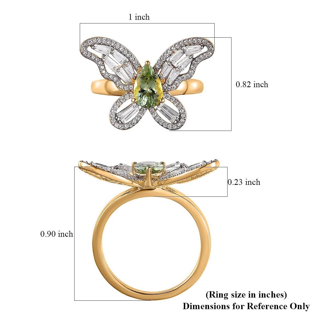 GP Trionfo Collection Natural Calabar Green Tourmaline and White Zircon Butterfly Ring in Vermeil Yellow Gold Over Sterling Silver (Size 7.0) 2.50 ctw