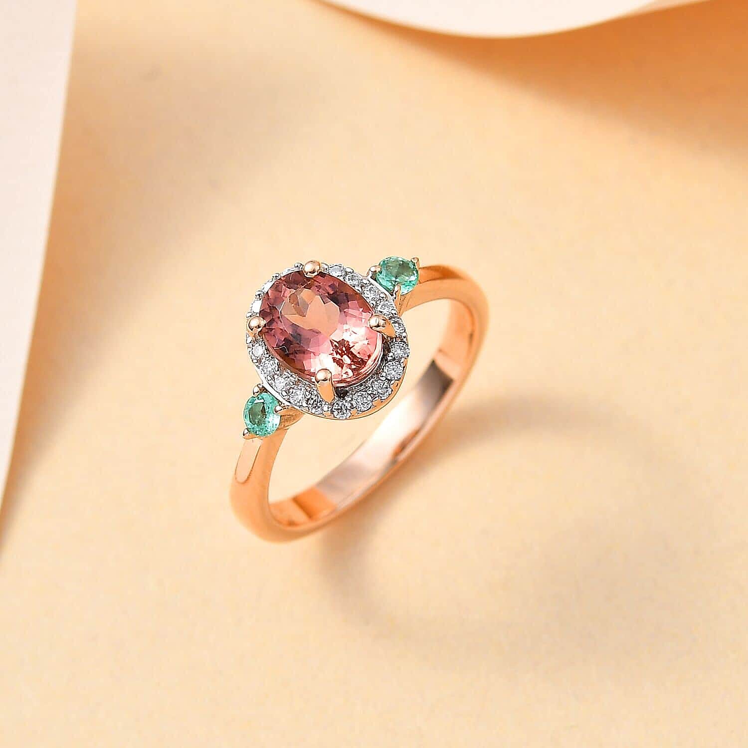 Luxoro 10K Rose Gold AAA Blush Tourmaline and Multi Gemstone Halo Ring (Size 5.0) 1.55 ctw