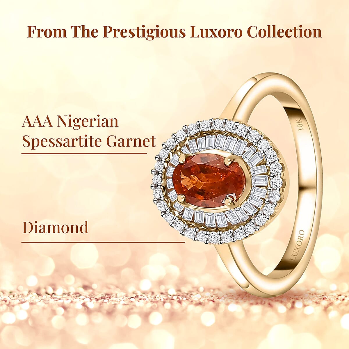 Luxoro AAA Nigerian Spessartite Garnet and Diamond 1.55 ctw Double Halo Ring in 10K Yellow Gold (Size 9.5) image number 2