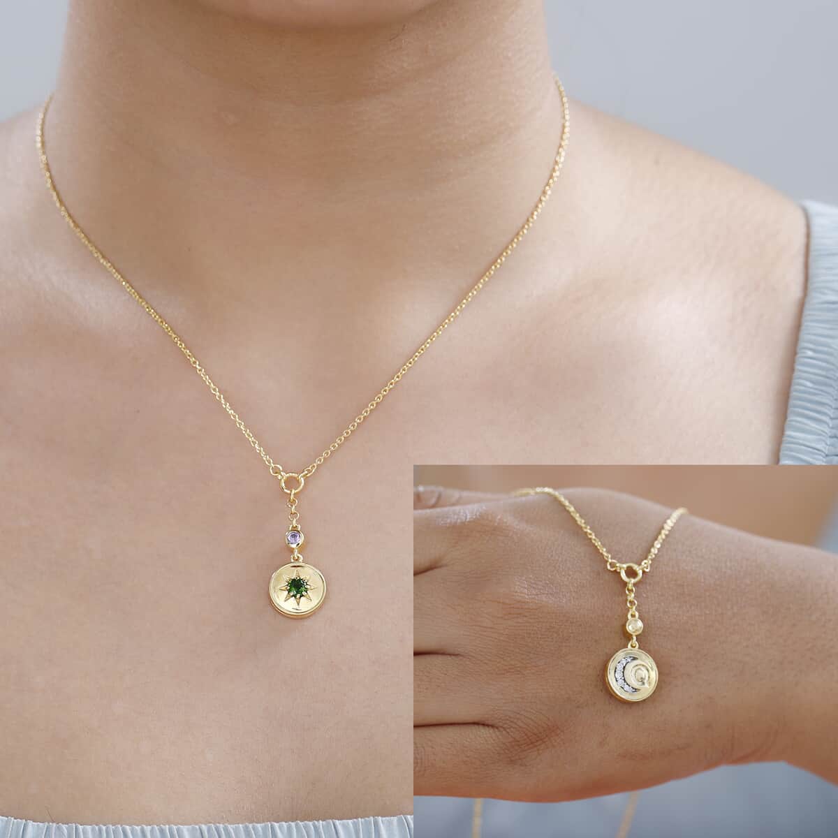 Chrome Diopside and Multi Gemstone Reversible Celesital Initial Moon Coin Necklace 18 Inches in Vermeil Yellow Gold Over Sterling Silver 0.50 ctw image number 2