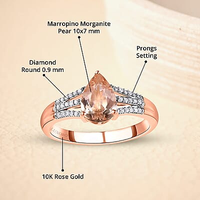 Luxoro 10K Rose Gold Premium Marropino Morganite and Diamond Split Shank Ring (Size 5.0) 1.65 ctw