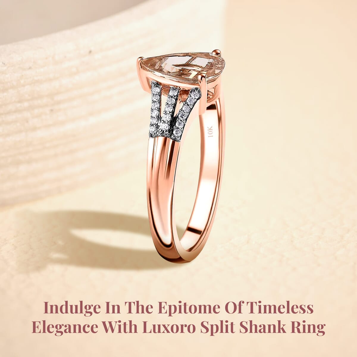 Luxoro 10K Rose Gold Premium Marropino Morganite and Diamond Split Shank Ring (Size 9.5) 1.65 ctw image number 2