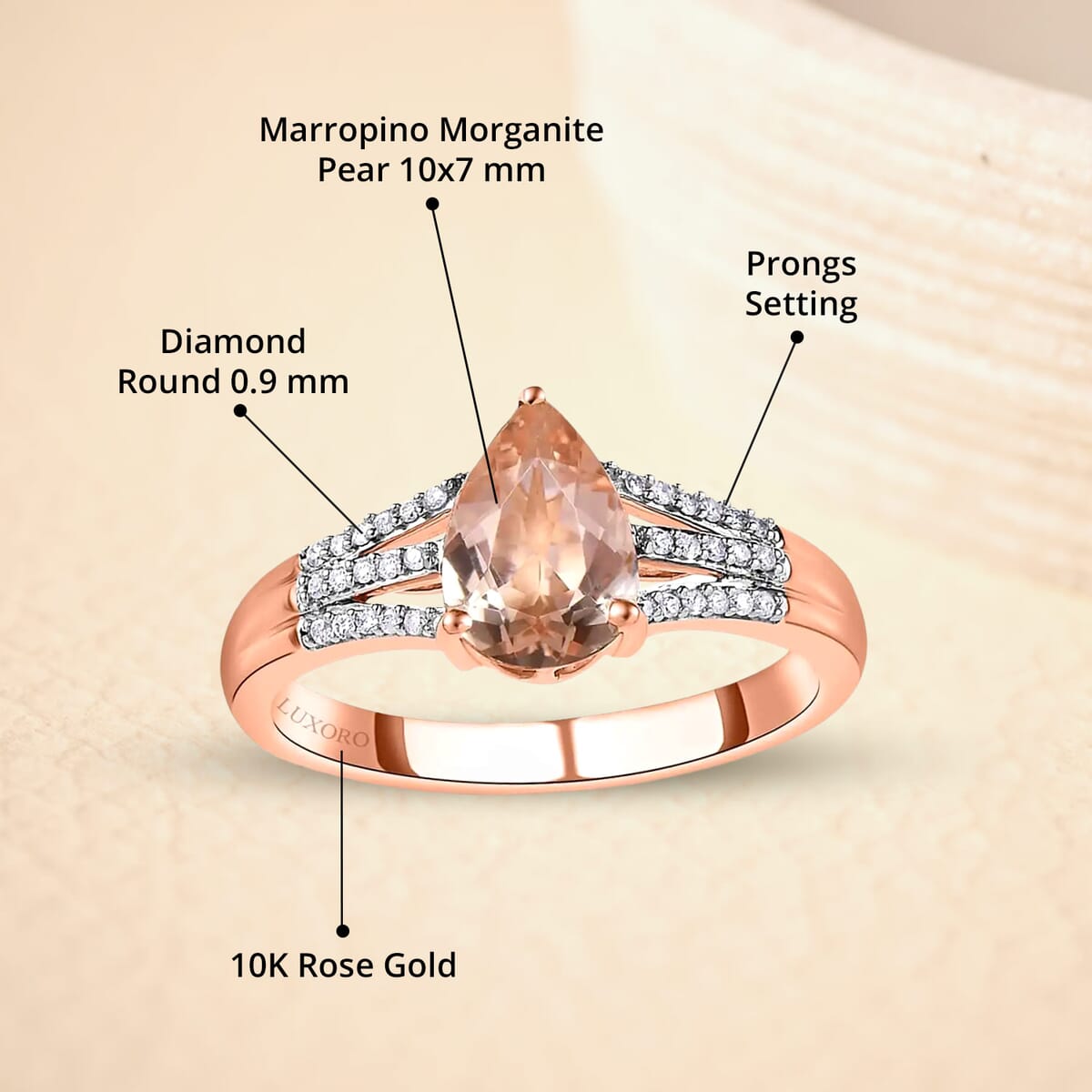 Luxoro 10K Rose Gold Premium Marropino Morganite and Diamond Split Shank Ring (Size 9.5) 1.65 ctw image number 4