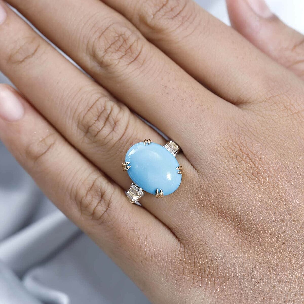 Luxoro 10K Yellow Gold Premium Sleeping Beauty Turquoise and G-H I3 Diamond Ring (Size 11.0) 7.75 ctw image number 2
