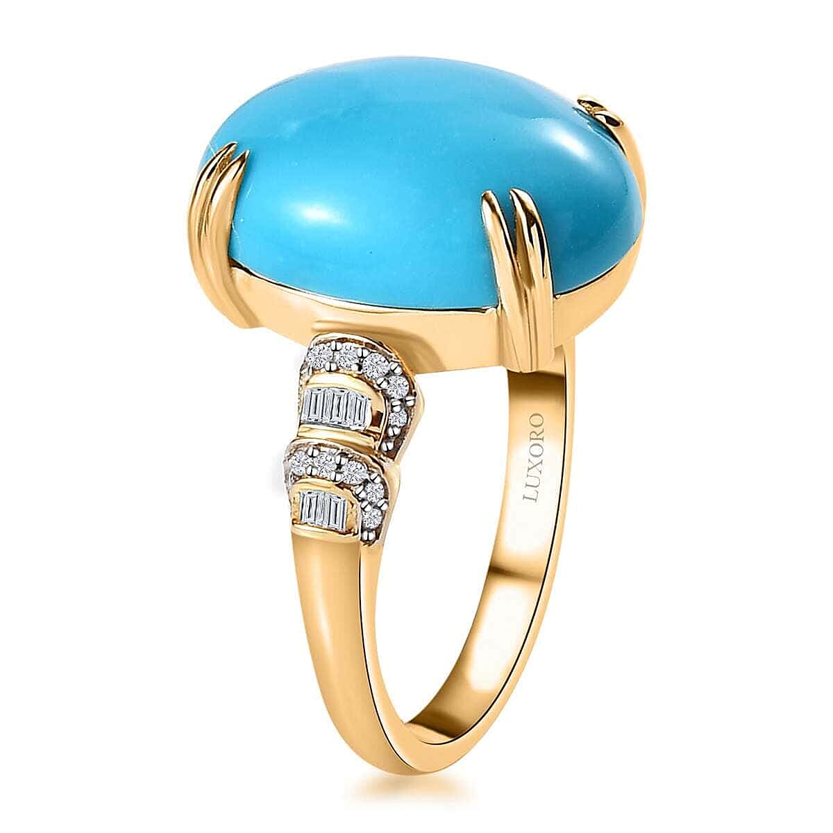 Luxoro 10K Yellow Gold Premium Sleeping Beauty Turquoise and G-H I3 Diamond Ring (Size 11.0) 7.75 ctw image number 3