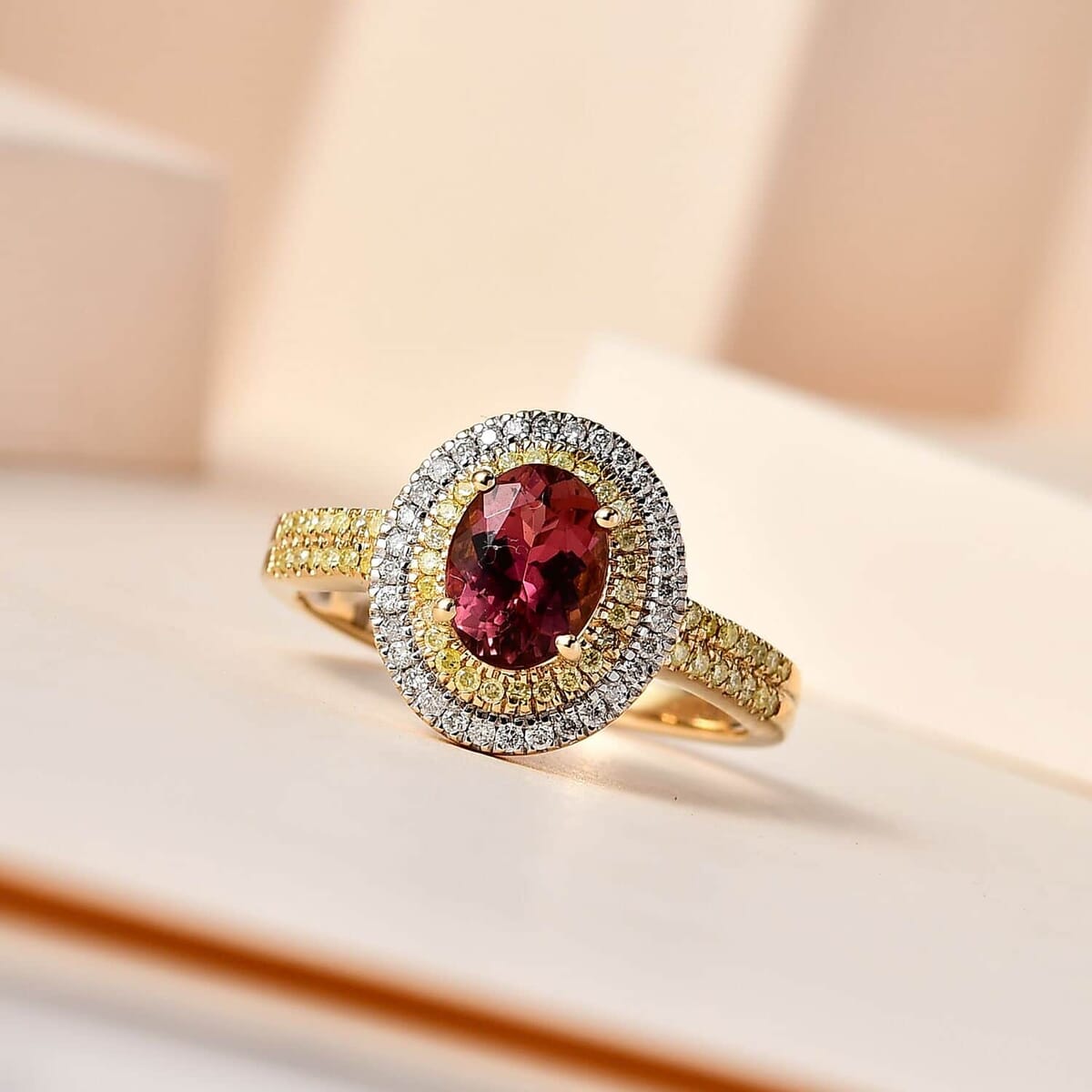 Luxoro 14K Yellow Gold AAA Natural Calabar Pink Tourmaline, I2-I3 Natural Yellow and White Diamond Ring (Size 6.5) 1.60 ctw image number 1