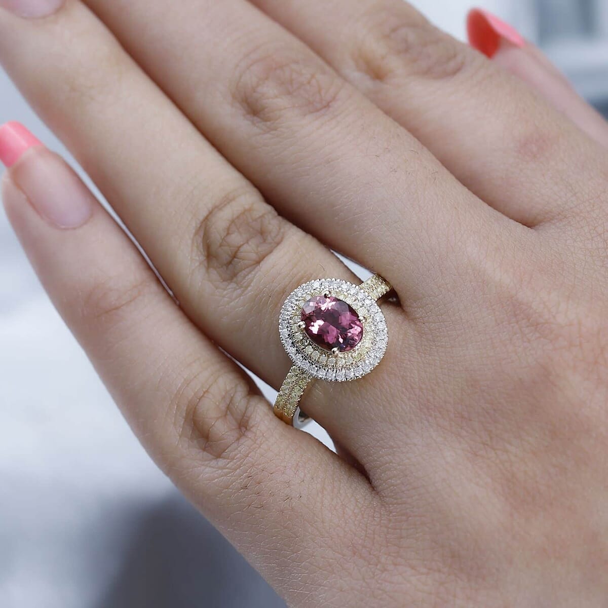 Luxoro 14K Yellow Gold AAA Natural Calabar Pink Tourmaline, I2-I3 Natural Yellow and White Diamond Ring (Size 6.5) 1.60 ctw image number 2