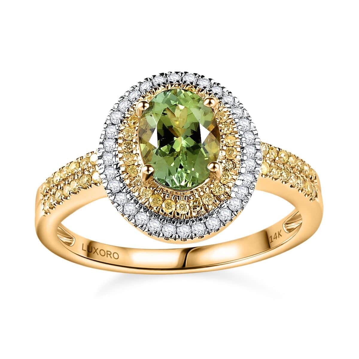 Luxoro 14K Yellow Gold Natural Calabar Green Tourmaline, Natural Yellow and White I2-I3 Ring (Size 5.5) 1.65 ctw image number 0
