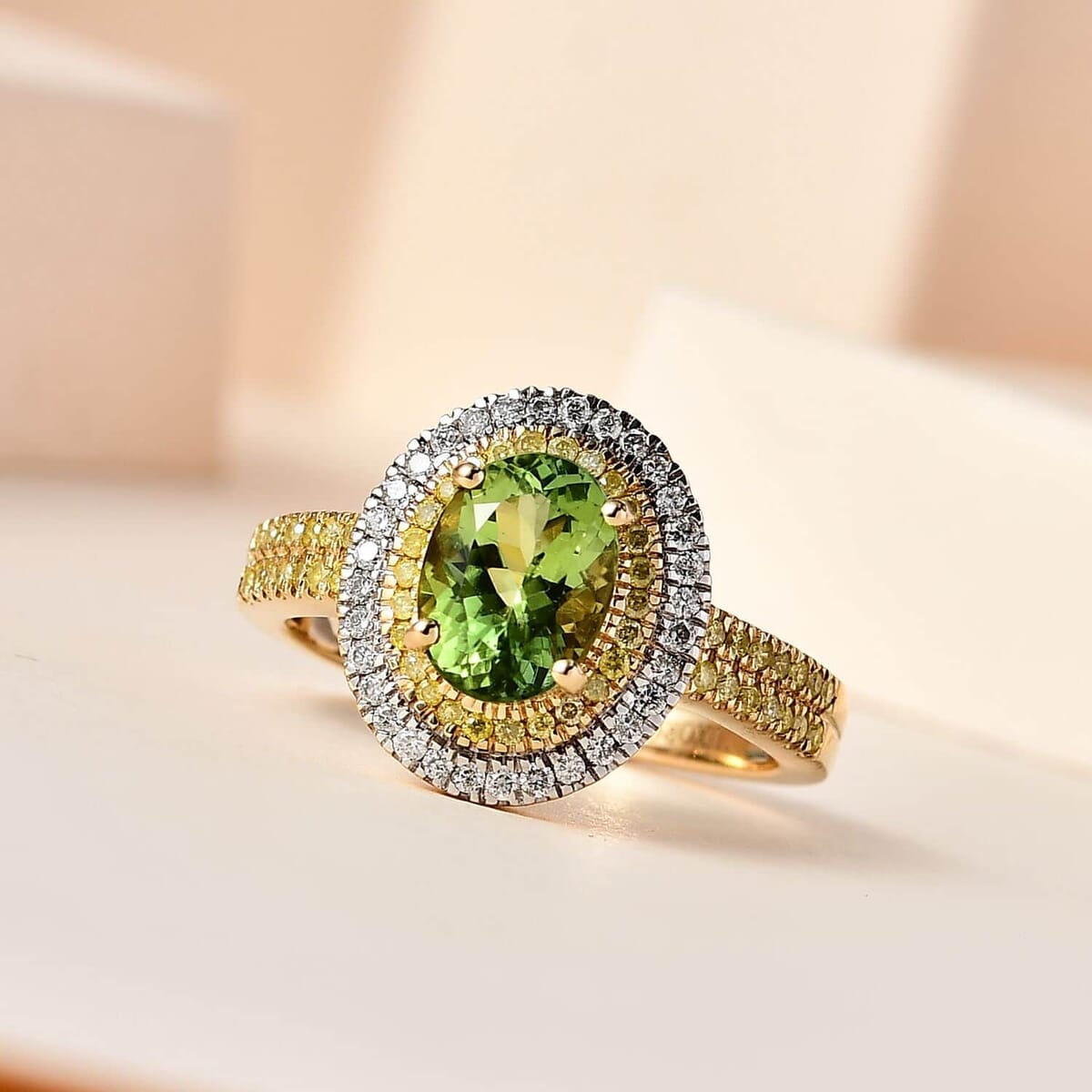 Luxoro 14K Yellow Gold Natural Calabar Green Tourmaline, Natural Yellow and White I2-I3 Ring (Size 5.5) 1.65 ctw image number 1