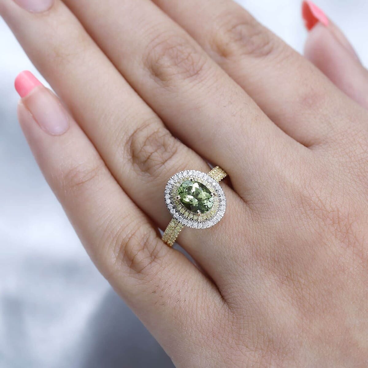 Luxoro 14K Yellow Gold Natural Calabar Green Tourmaline, Natural Yellow and White I2-I3 Ring (Size 5.5) 1.65 ctw image number 2