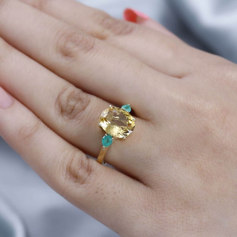Luxoro 10K Yellow Gold Premium Brazilian Heliodor and Premium Boyaca Colombian Emerald Ring (Size 5.0) 3.15 ctw