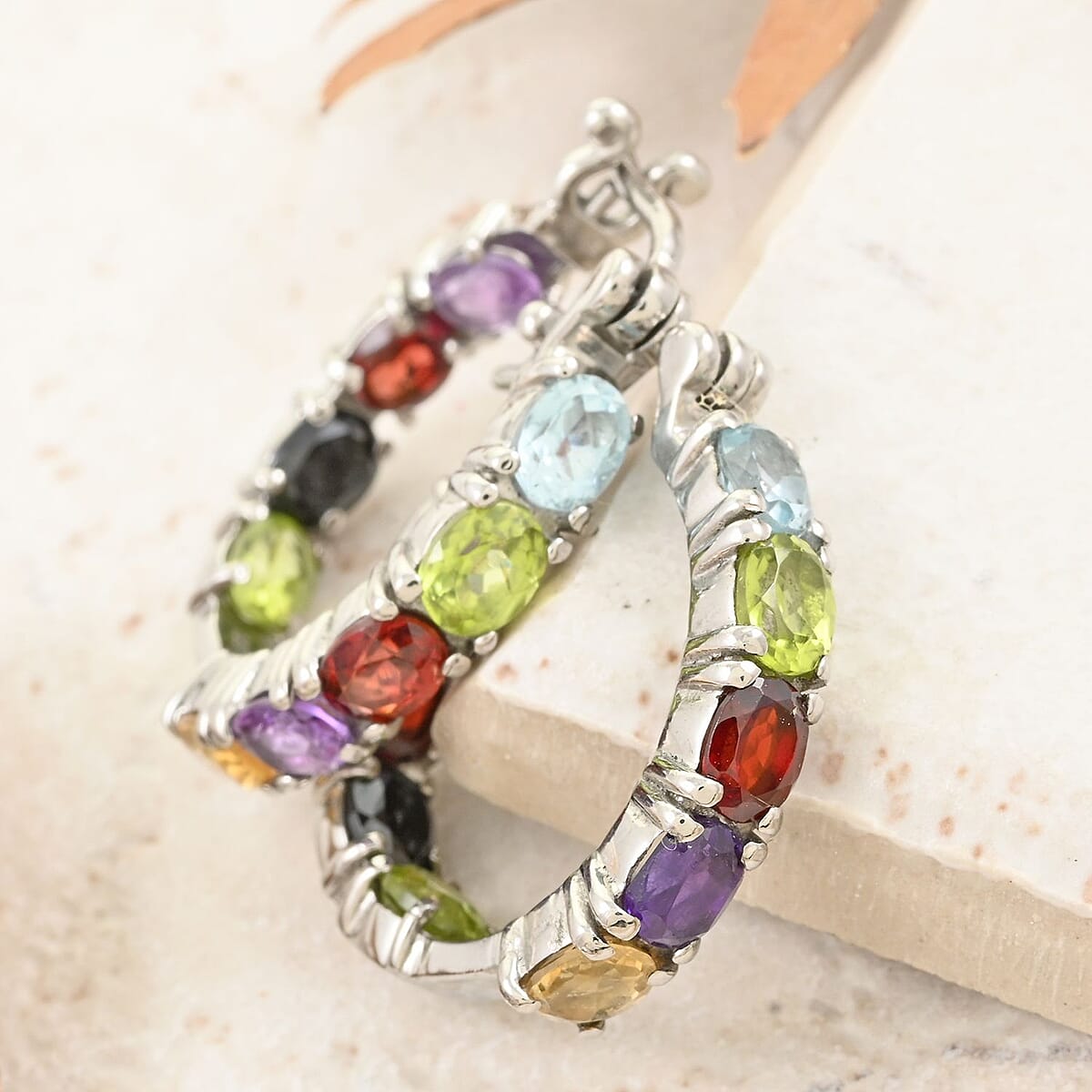 Multi Gemstone Inside Out Hoop Earrings in Stainless Steel 5.50 ctw image number 1