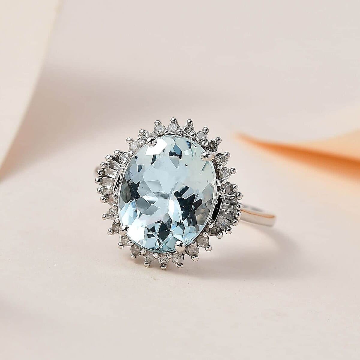 Luxoro 10K White Gold Premium Mangoro Aquamarine and Diamond Halo Ring (Size 7.5) 4.40 ctw image number 1