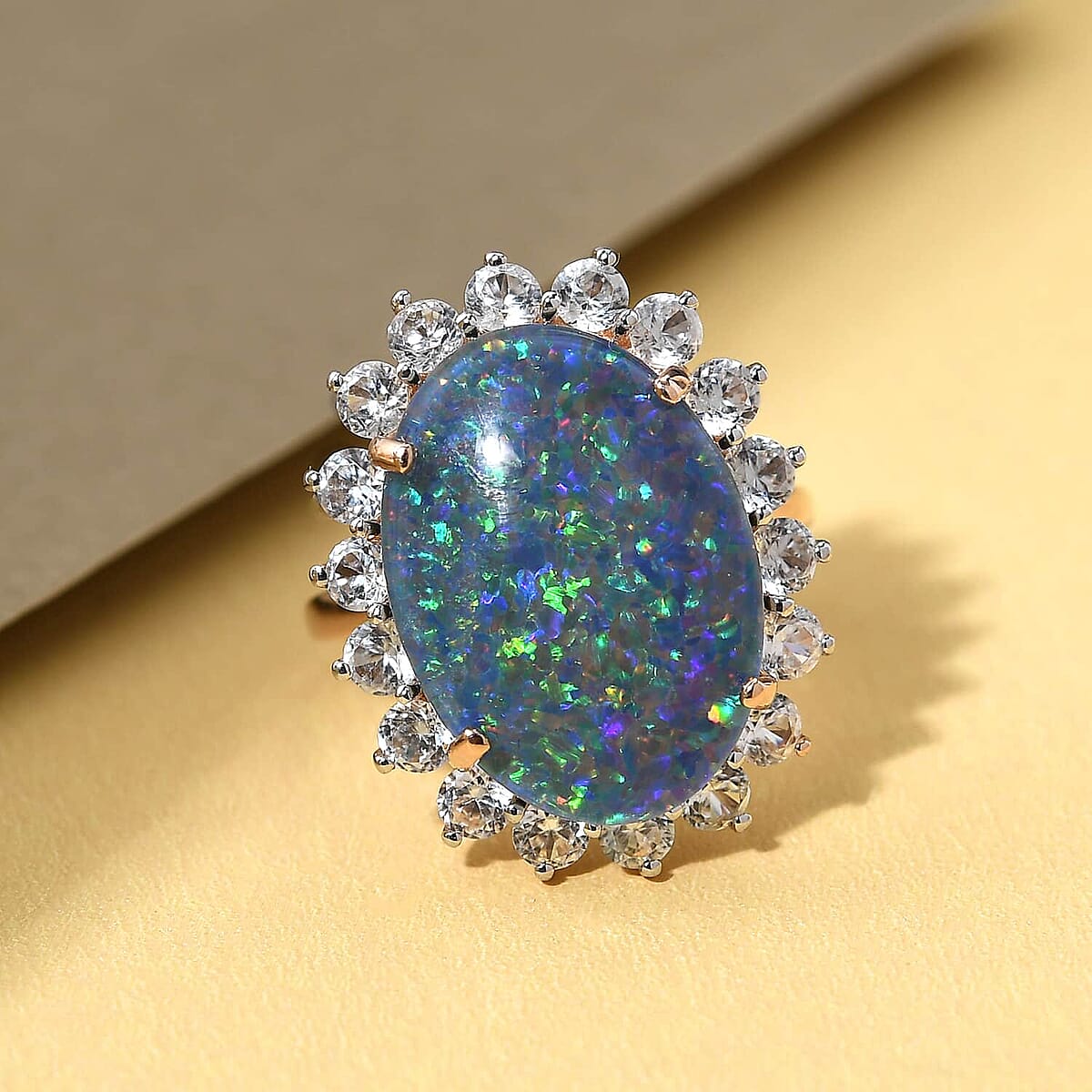 10K Rose Gold AAA Boulder Opal Triplet and White Zircon Sunburst Ring (Size 6.5) 10.00 ctw image number 1