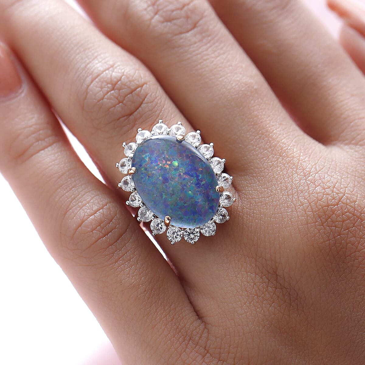 10K Rose Gold AAA Boulder Opal Triplet and White Zircon Sunburst Ring (Size 6.5) 10.00 ctw image number 2
