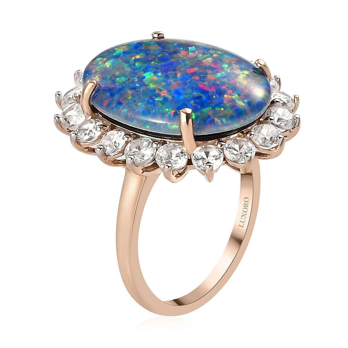 10K Rose Gold AAA Boulder Opal Triplet and White Zircon Sunburst Ring (Size 6.5) 10.00 ctw image number 3