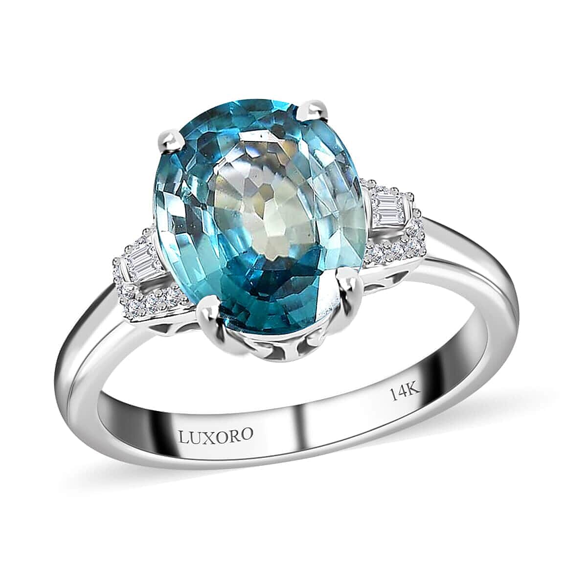 Luxoro 14K White Gold AAA Ratanakiri Blue Zircon and Diamond G-H I3 Ring (Size 10.5) 5.25 ctw image number 0