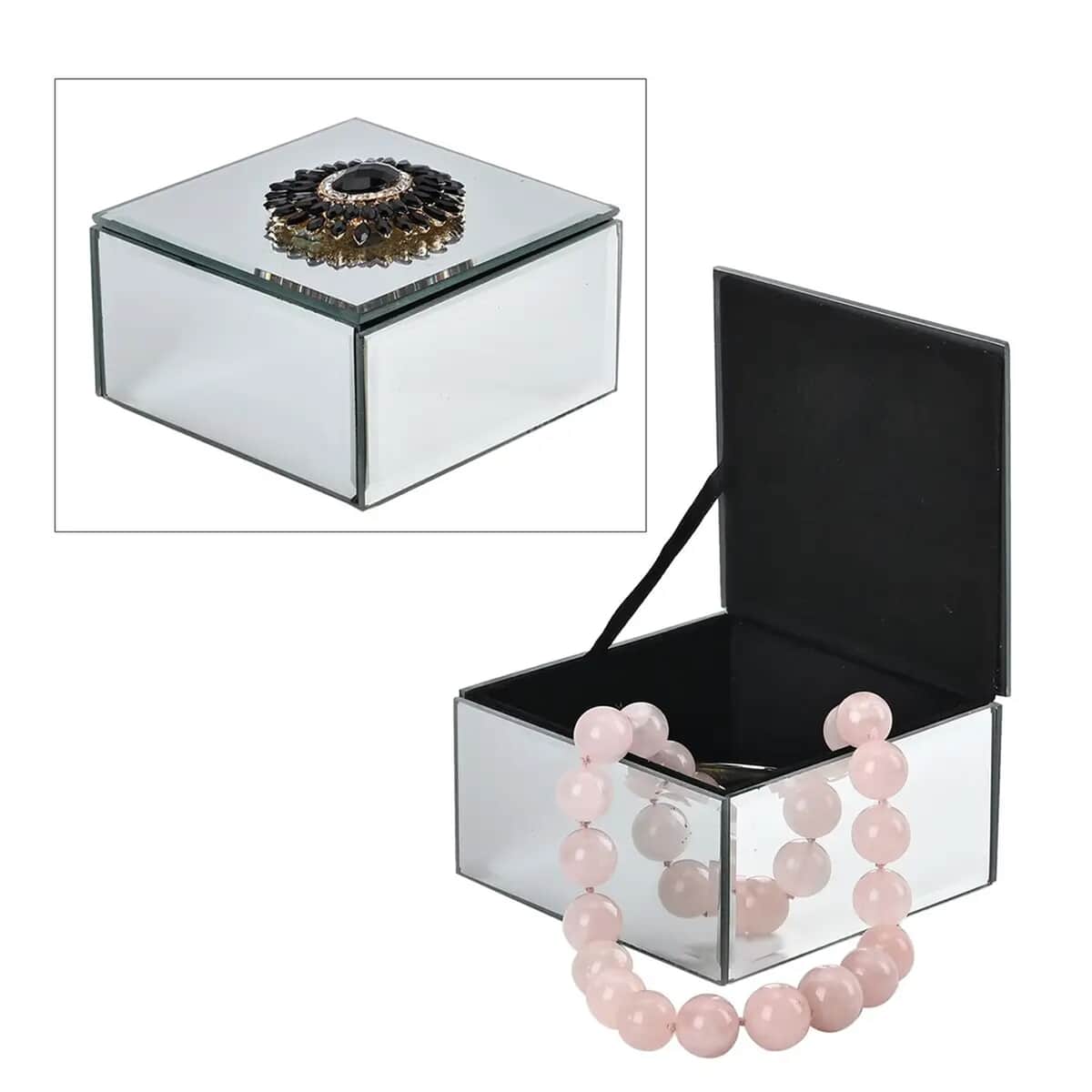 Square Glass Jewelry Box with Silver and Black Crystal Floral on Top image number 0