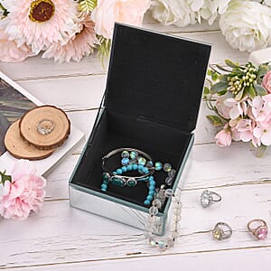 Doorbuster Square Glass Jewelry Box with Silver and Black Crystal Floral on Top