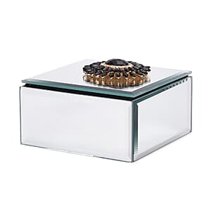 Doorbuster Square Glass Jewelry Box with Silver and Black Crystal Floral on Top