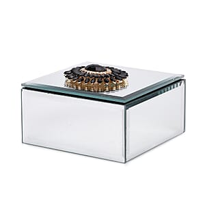 Doorbuster Square Glass Jewelry Box with Silver and Black Crystal Floral on Top