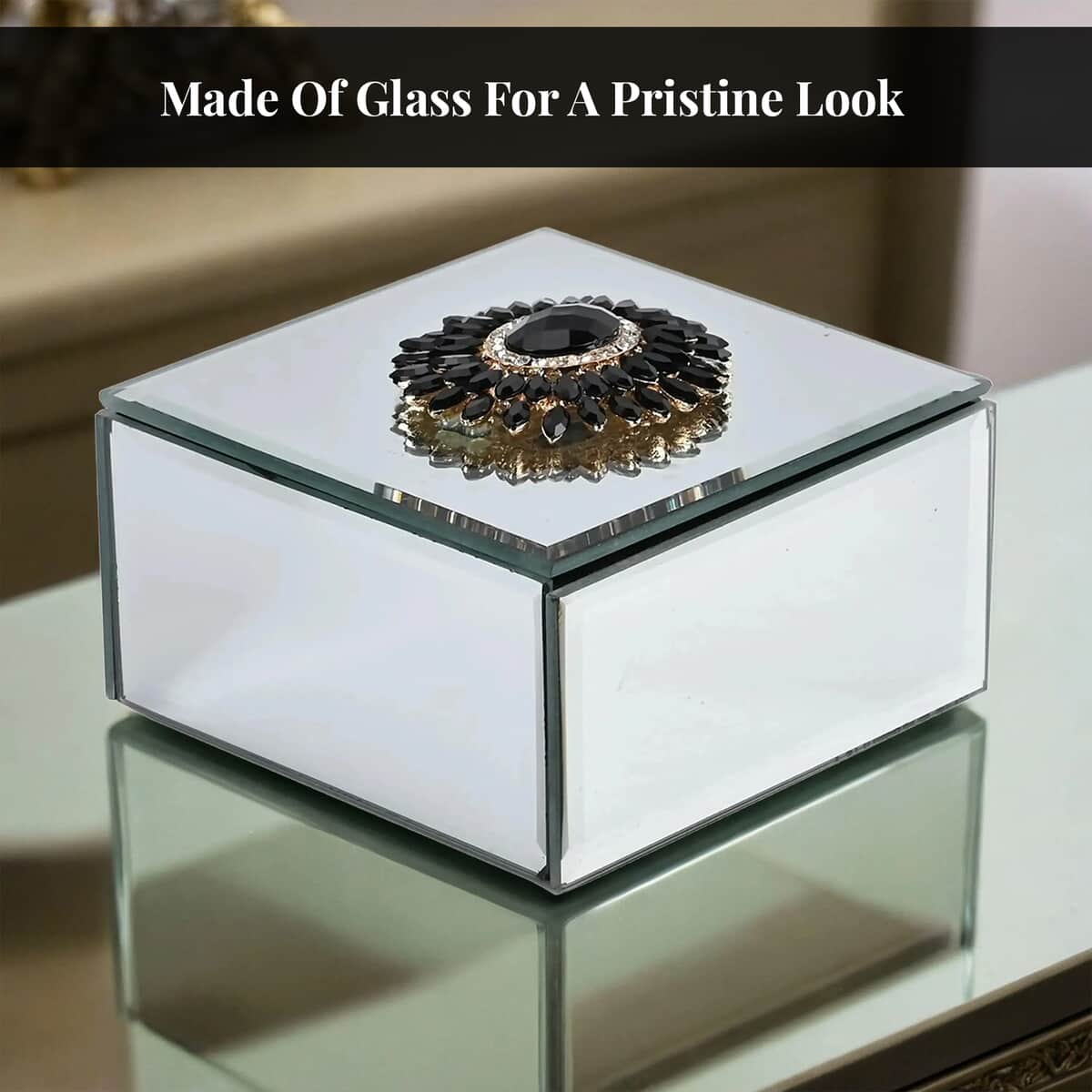 Square Glass Jewelry Box with Silver and Black Crystal Floral on Top image number 3