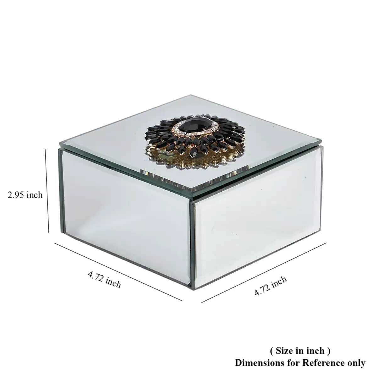 Square Glass Jewelry Box with Silver and Black Crystal Floral on Top image number 5