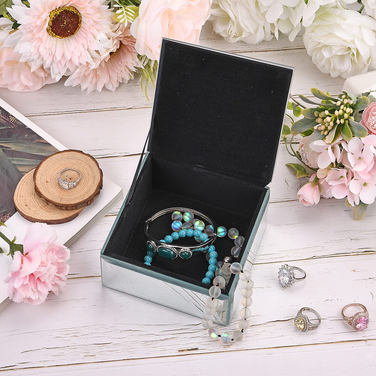 Square Glass Jewelry Box with Silver and Green Crystal Floral on Top image number 1