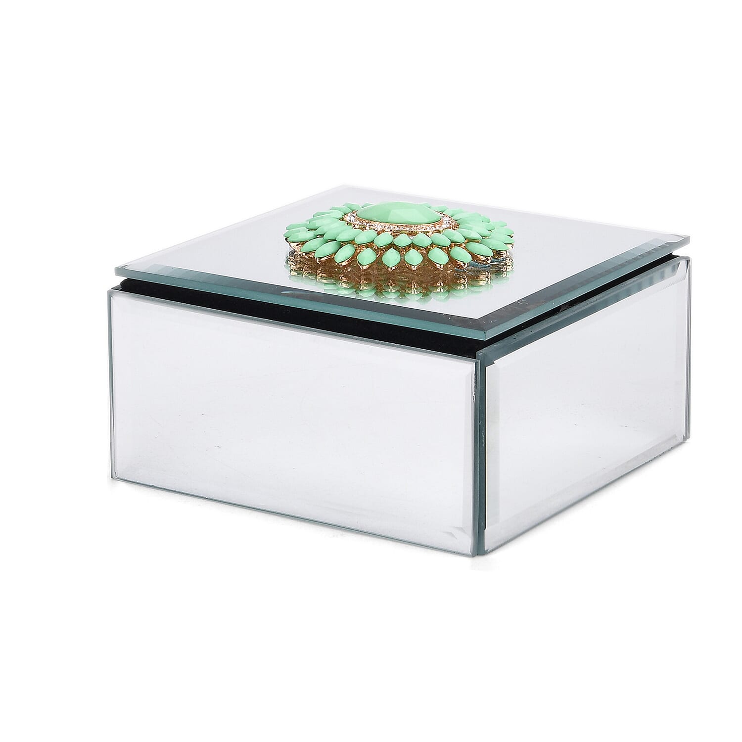 Square Glass Jewelry Box with Silver and Green Crystal Floral on Top
