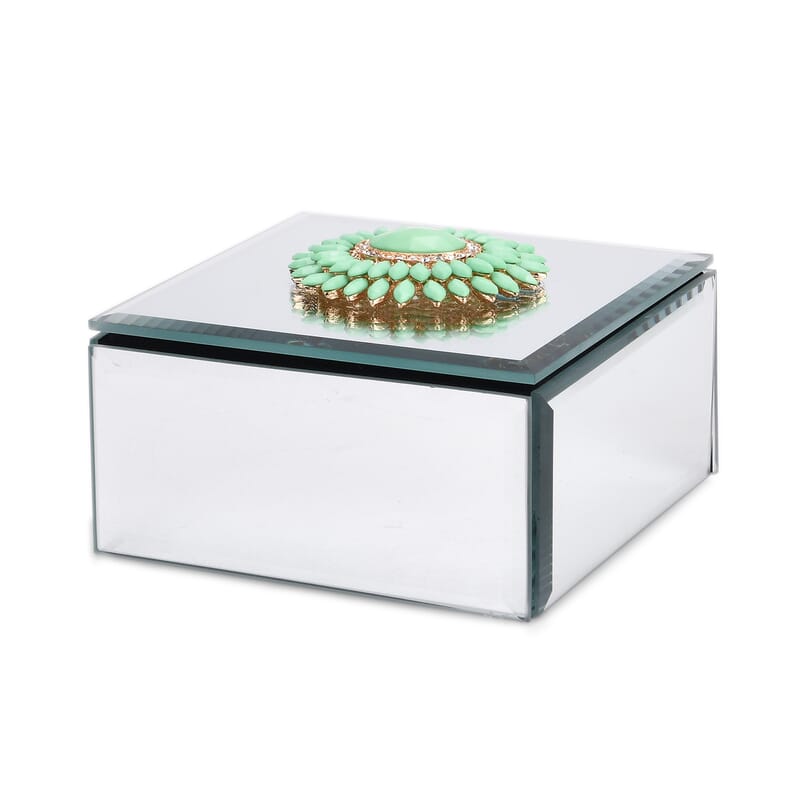 Square Glass Jewelry Box with Silver and Green Crystal Floral on Top
