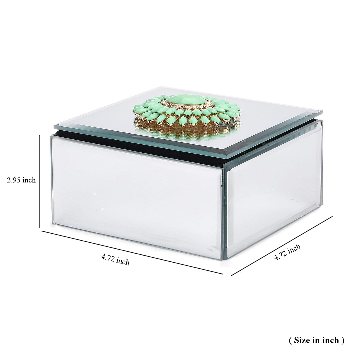 Square Glass Jewelry Box with Silver and Green Crystal Floral on Top image number 5