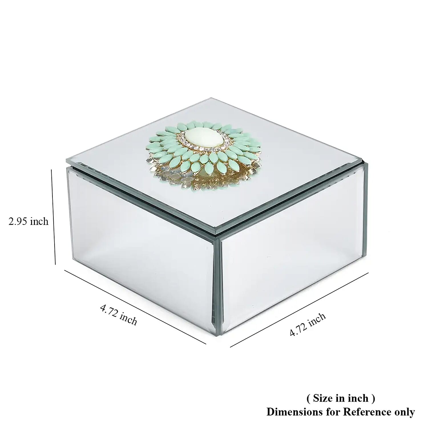 Square Glass Jewelry Box with Silver and Green Crystal Floral on Top
