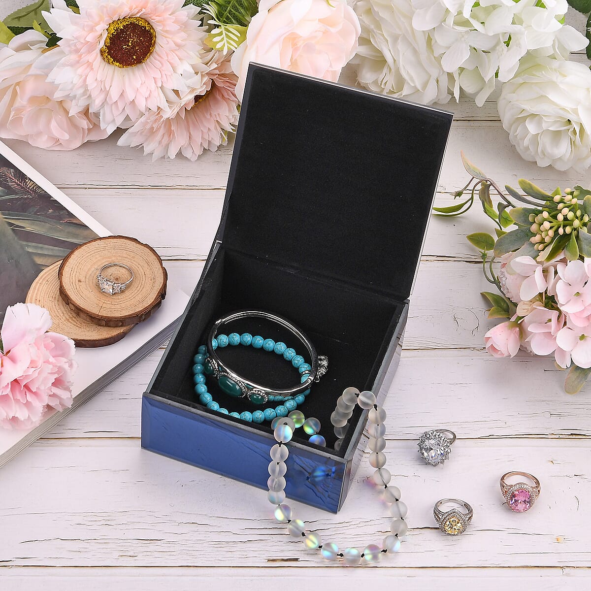 Square Glass Jewelry Box with Silver and Blue Crystal Floral on Top image number 1
