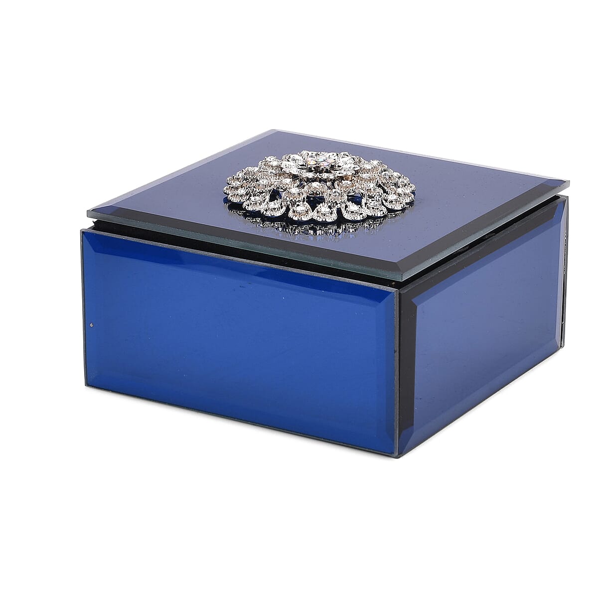 Square Glass Jewelry Box with Silver and Blue Crystal Floral on Top image number 2