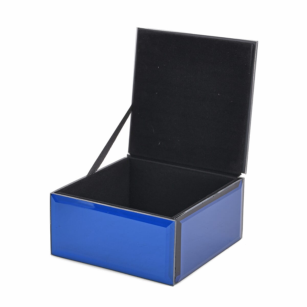 Square Glass Jewelry Box with Silver and Blue Crystal Floral on Top image number 3