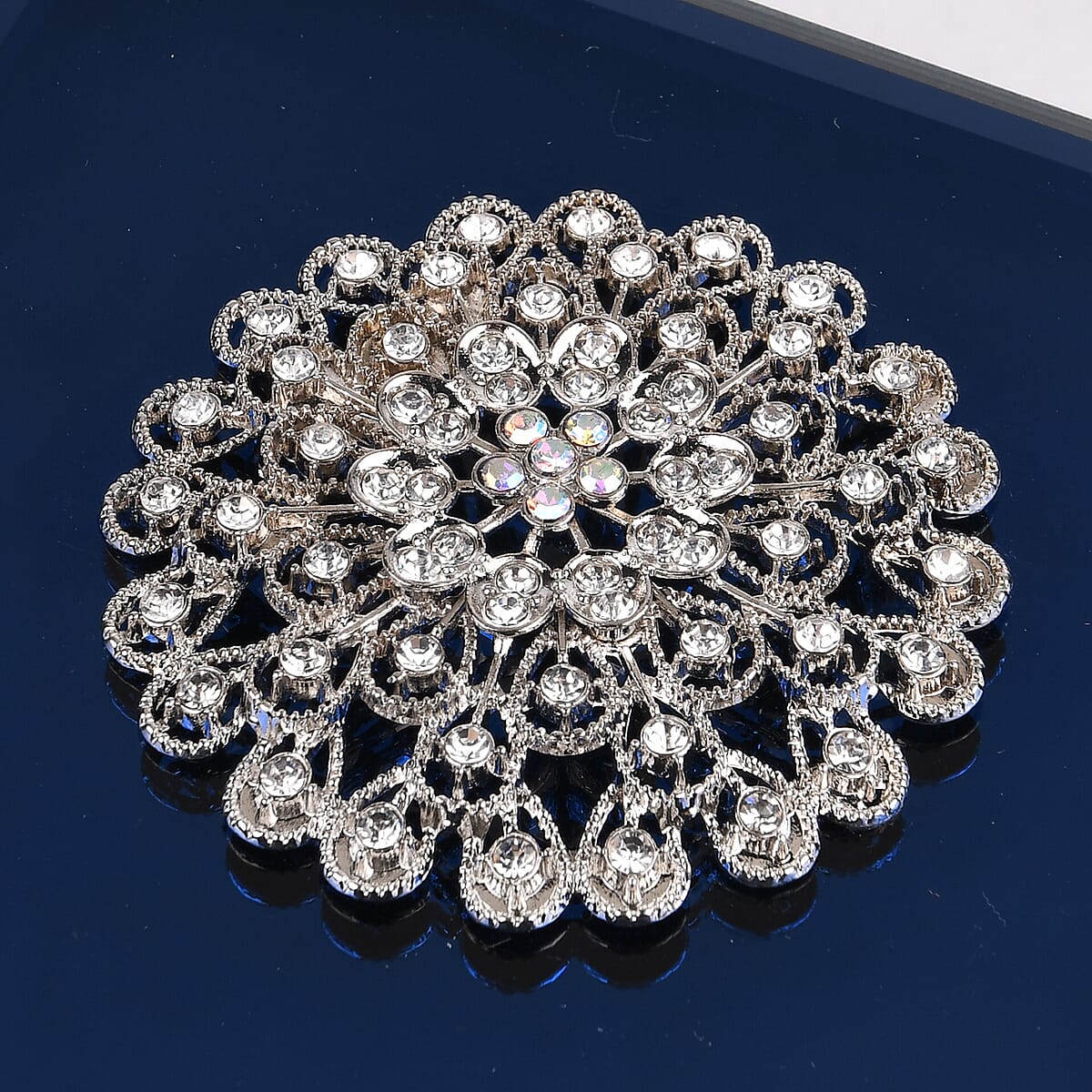 Square Glass Jewelry Box with Silver and Blue Crystal Floral on Top image number 4