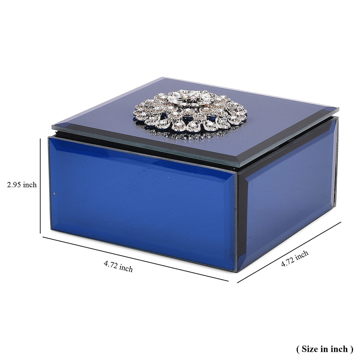 Square Glass Jewelry Box with Silver and Blue Crystal Floral on Top image number 5