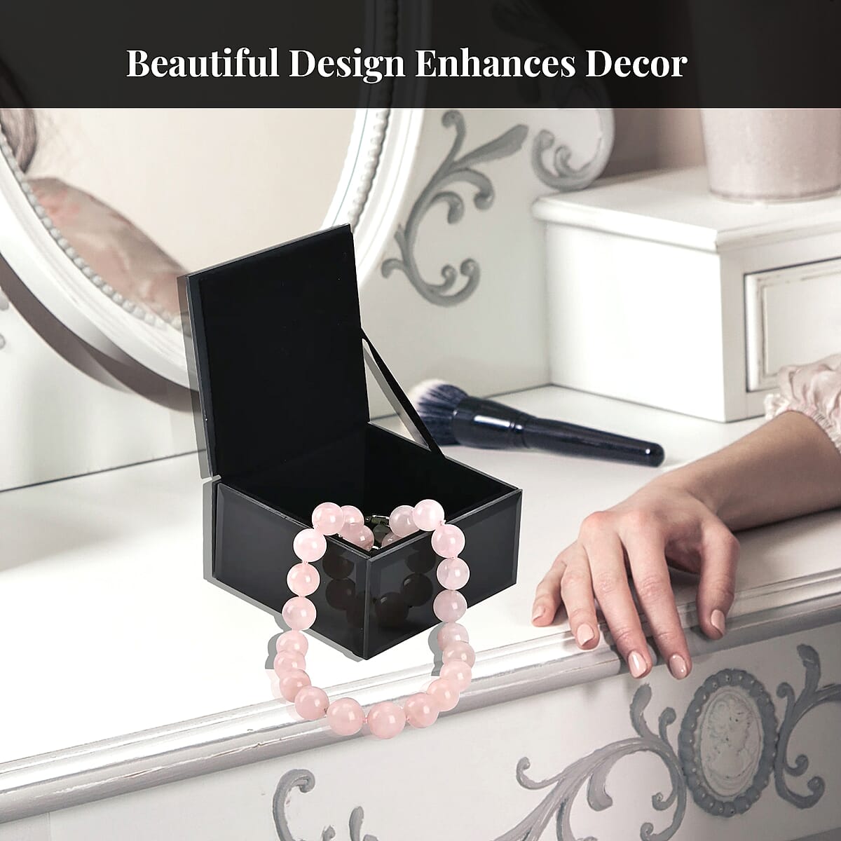 Doorbuster Square Glass Jewelry Box with Silver and Green Crystal Feather on Top image number 1