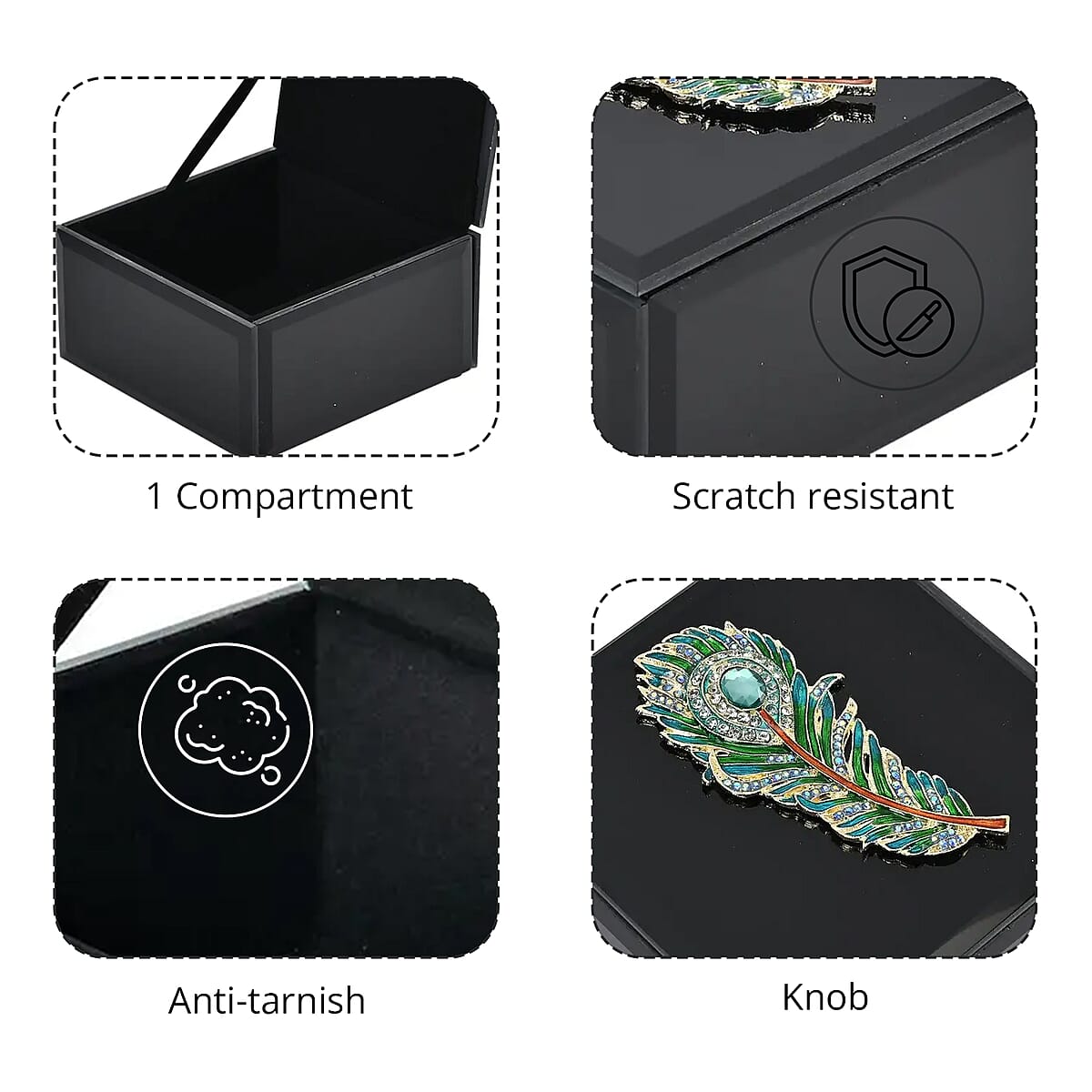 Doorbuster Square Glass Jewelry Box with Silver and Green Crystal Feather on Top image number 2