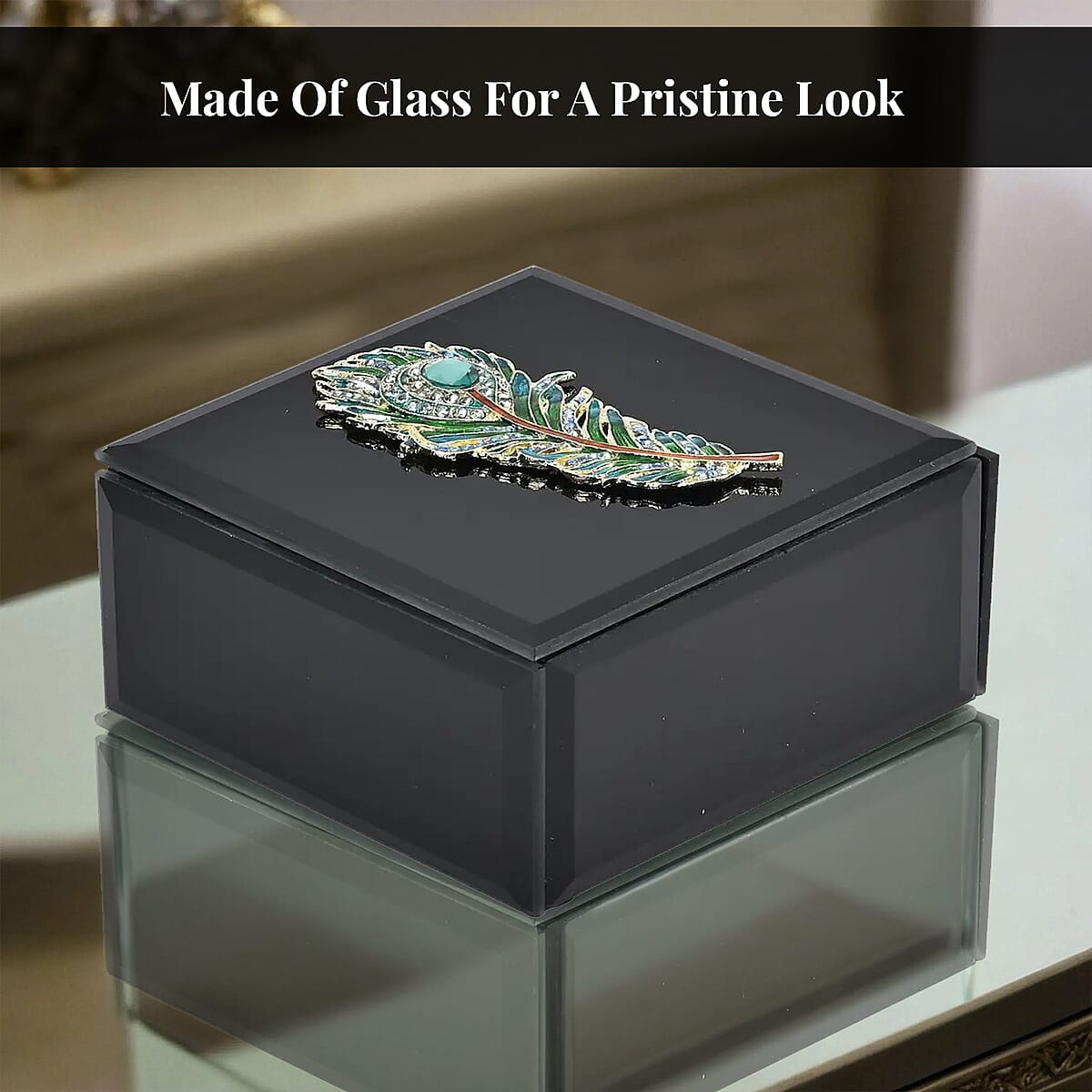 Doorbuster Square Glass Jewelry Box with Silver and Green Crystal Feather on Top image number 3