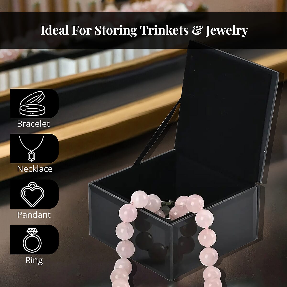 Doorbuster Square Glass Jewelry Box with Silver and Green Crystal Feather on Top image number 4