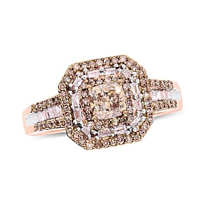 Natural Champagne and White Diamond Ring in Vermeil Rose Gold Over Sterling Silver (Size 6.0) 1.00 ctw
