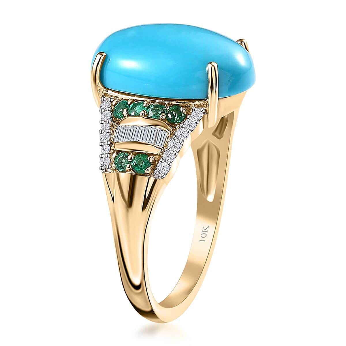 Luxoro 10K Yellow Gold Premium Sleeping Beauty Turquoise and Boyaca Colombian Emerald, Diamond Ring (Size 6.0) 5.60 ctw image number 3